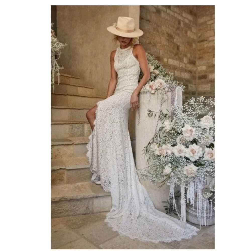 Whimsical Boho Wedding Gown Dress White Floral Lace Maxi Bride Love Everlasting